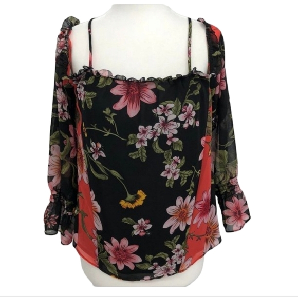 Guess Savina Floral Black coral chiffon off shoulder blouse SP - Picture 3 of 16